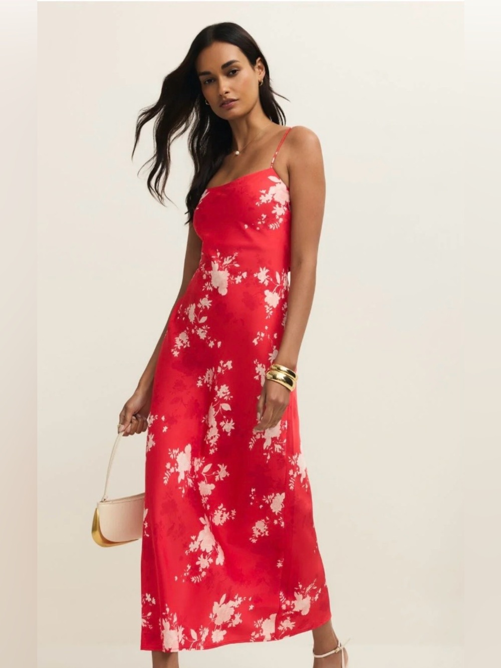 Z Supply Red Floral Satin Maxi Dress | Open Back | Wedding Guest | Vacation